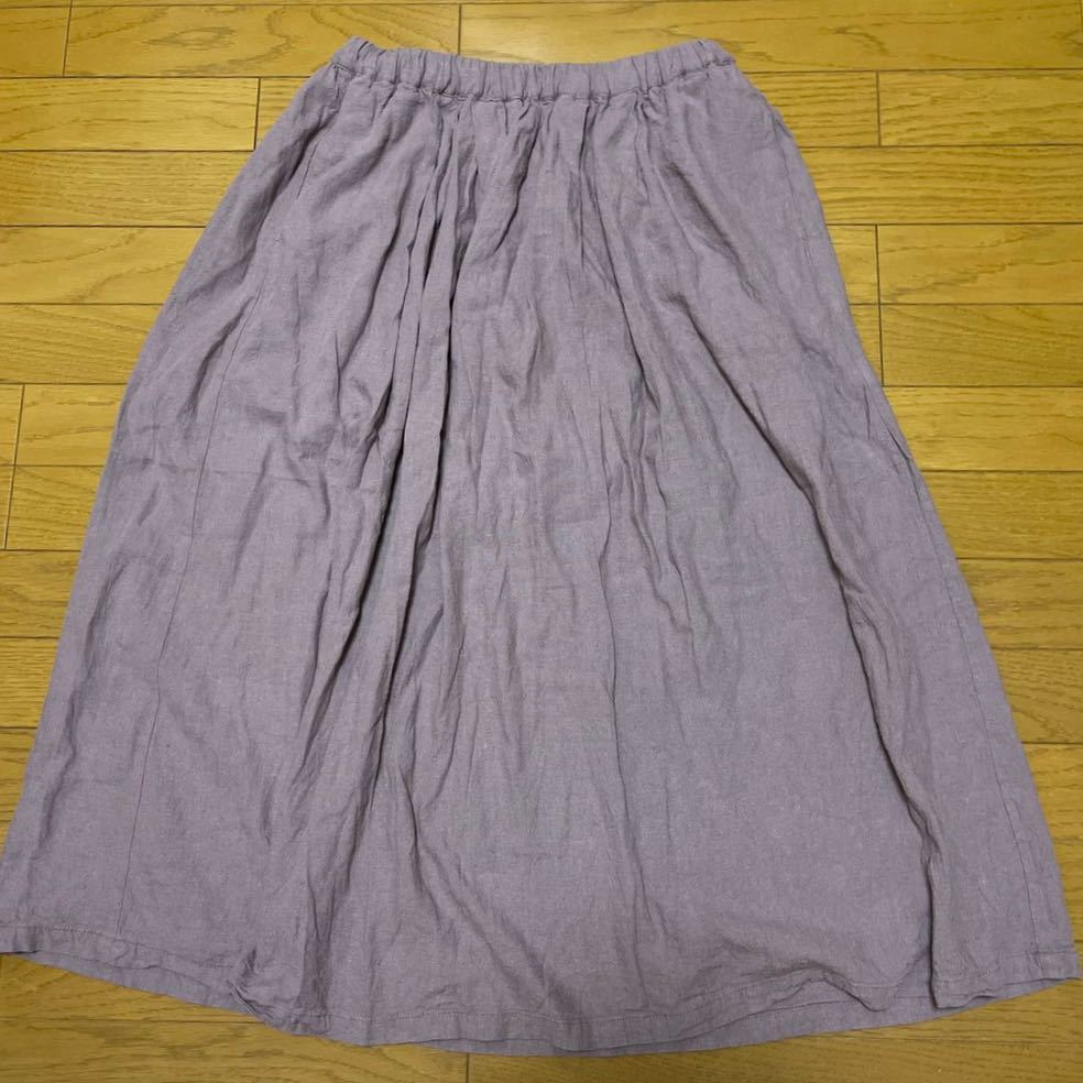 送料無料■SamansaMos2 SM2 くすみパープル ウエストゴム ギャザー ロングスカート サイズF リネン レーヨン 総ゴム拍卖