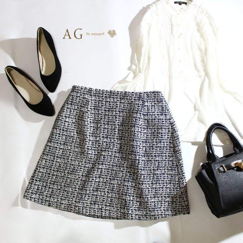 aquagirl アクアガール 株) ワールド 上品 春 ツイードスカート Aラインスカート フレア M 9号 ミックス ネイビー 紺 ホワイト セレモニー拍卖
