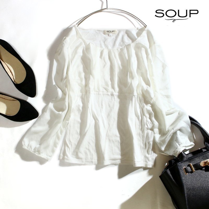 スープ soup ワールド 春 夏 艶 とろみシフォン × Tシャツ 切替 ギャザー 長袖 カットソー 9号 M ホワイト 白 プルオーバー サテン A拍卖