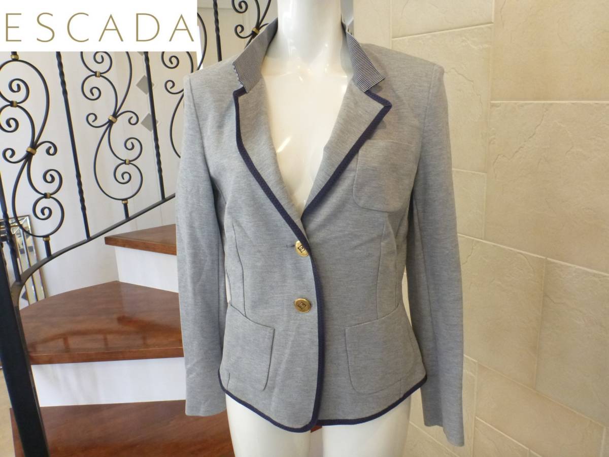 超美品 ESCADA エスカーダ★グレー×紺 ジャージー素材 馬刺繍 ジャケット 36 M相当拍卖