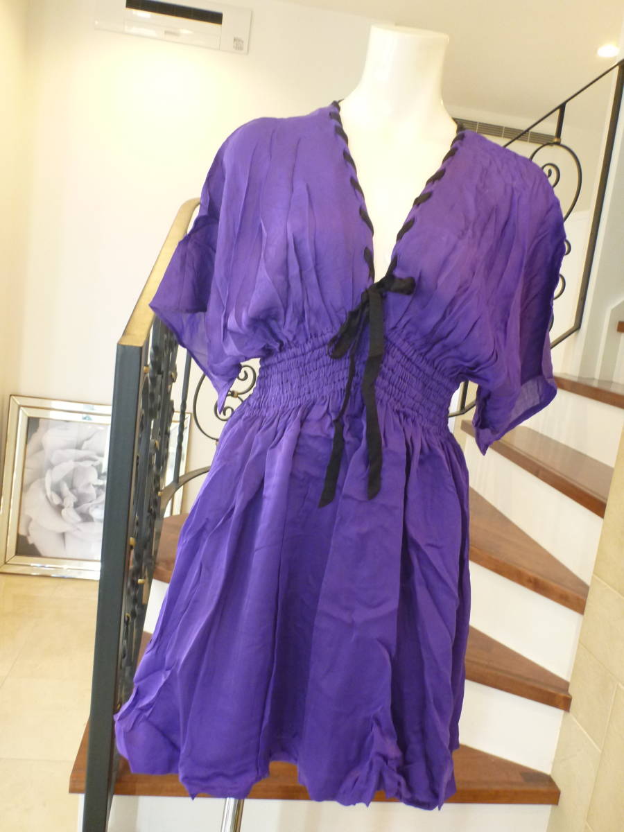 美品 liberation★紫×黒 シルクサテン ドルマン袖 ワンピース 38 M相当拍卖