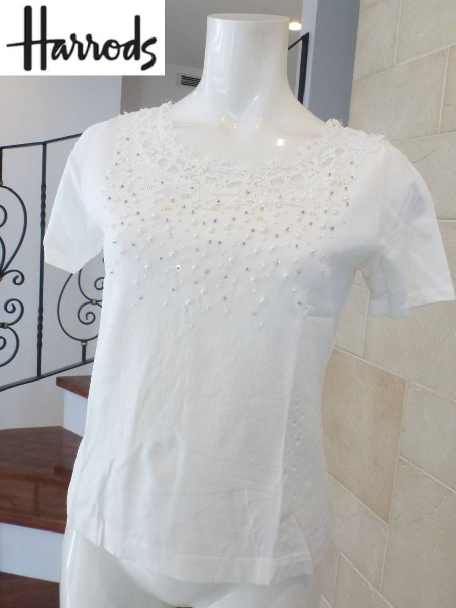 超美品 Harrods(ハロッズ)★白 ホワイト パール×レース 半袖 セーター M相当拍卖