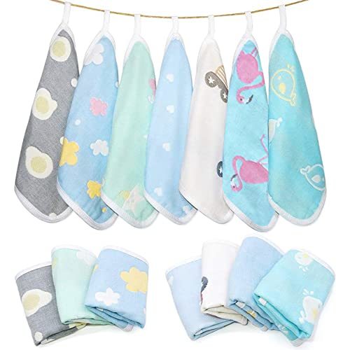 ガーゼハンカチ 7枚セット ベビータオル ベビービブ 子供用フェイスタオル リバーシブル おしぼりタオル 綿100% 6重ガーゼ 薄手 速乾 7拍卖