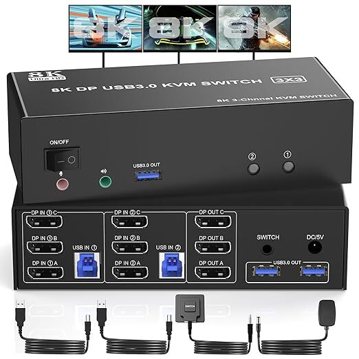 8K USB 3.0 Displayport 3 モニタ KVM 切替器 2台のコンピューター 共有 3モニター拍卖