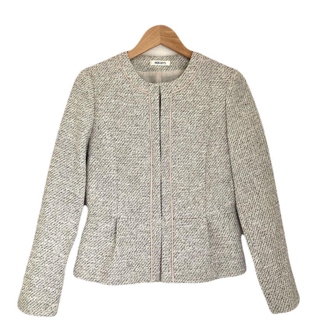 ノーリーズ セットアップ ノーカラージャケット スカート ツイード グレー 36拍卖