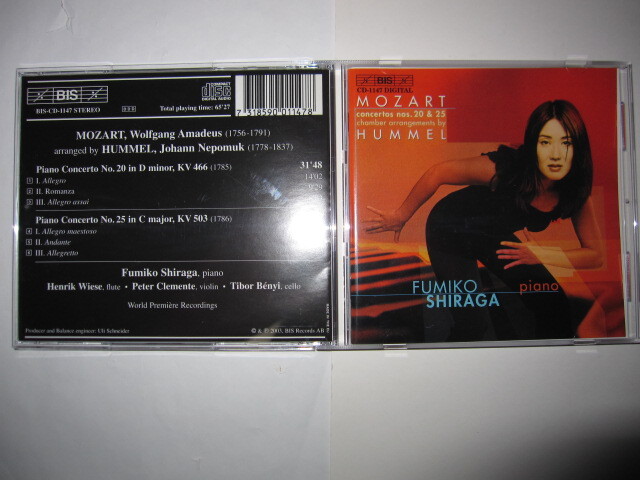 モーツァルト:ピアノ協奏曲第20番/第25番(フンメルによる室内楽編曲版) 白神典子,ヴィーゼ,クレメント,ベーニ BIS拍卖