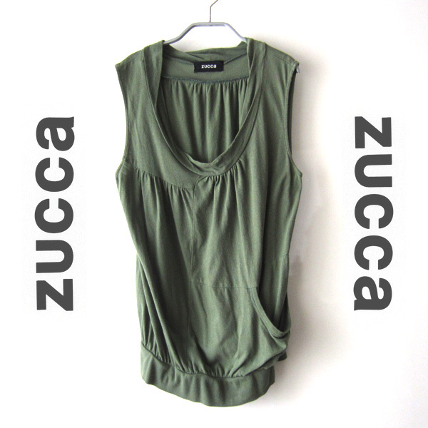 美品 ZUCCA/ズッカ★ 片側にポケットの付いたノースリーブカットソー オリーブ拍卖