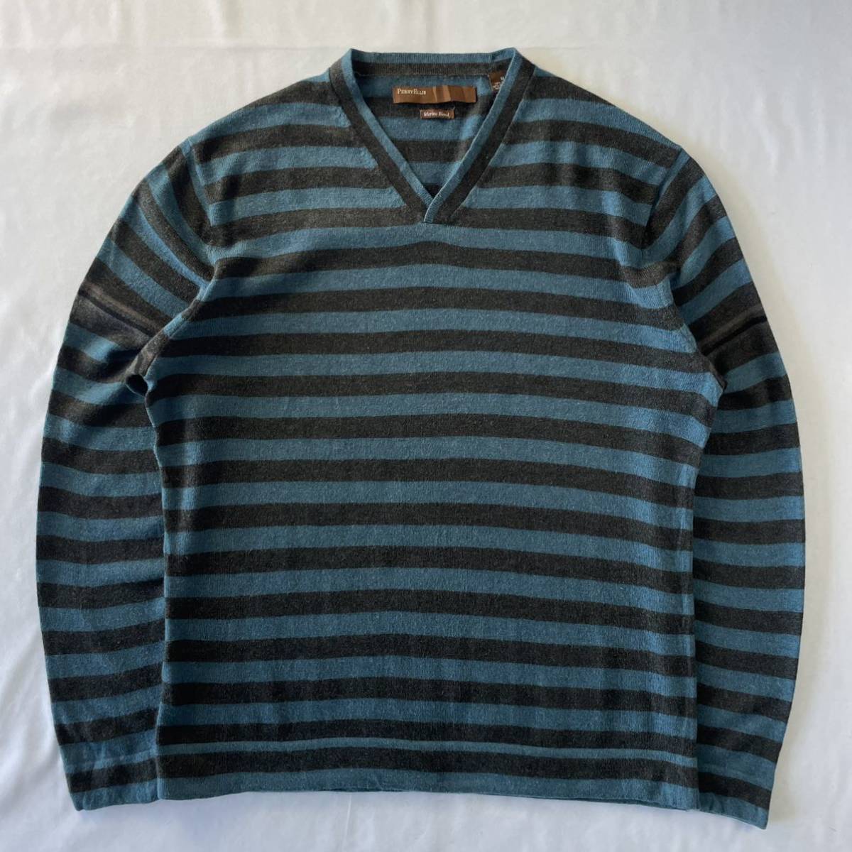 US Vintage 90s PERRY ELLIS アクリル70% ウール30% Vネック ボーダー 薄手 総柄 デザインニット拍卖