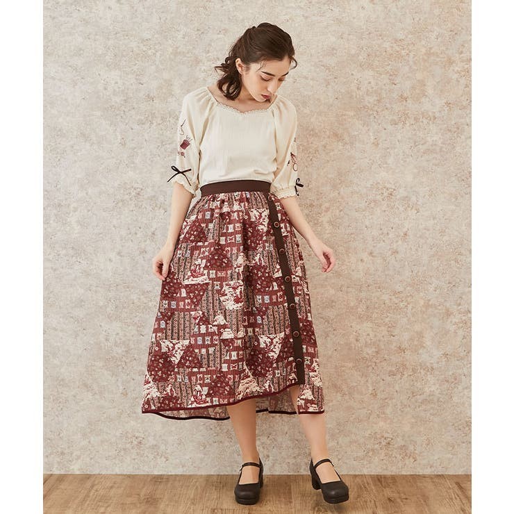 【送料無料・匿名配送】新品タグ付き axes femme アクシーズファム SAJOU パッチワーク柄スカート ワイン 刺繍 裁縫 マダムサジュー拍卖