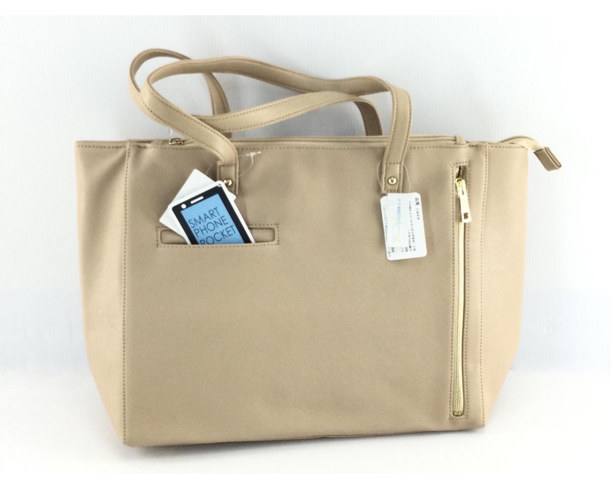 シンプルトートバッグ 多機能 表面スマホポケット 軽量 A4 ベージュ拍卖