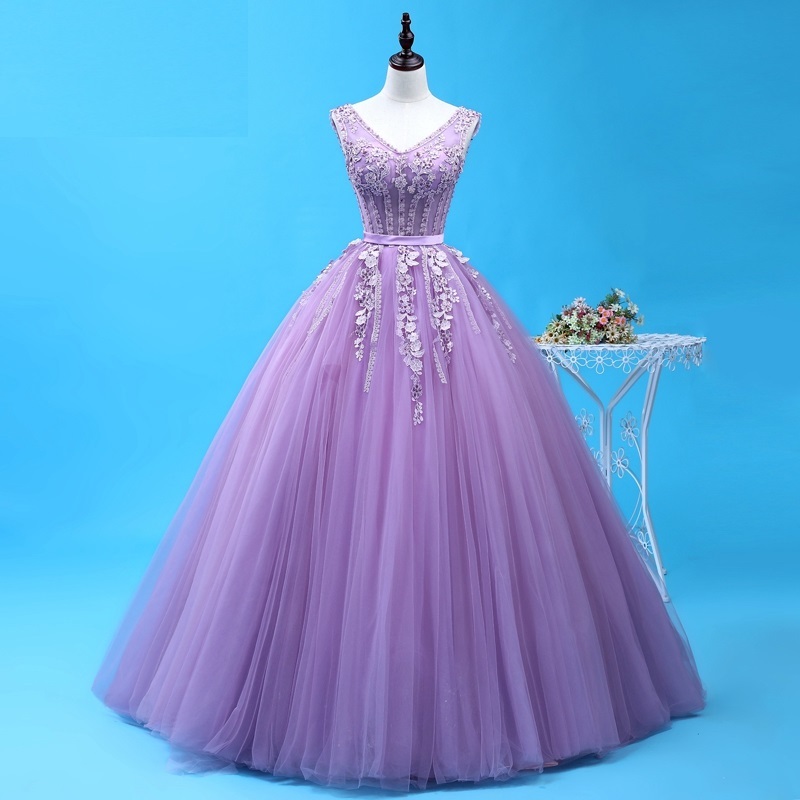 【サイズオーダー無料/パニエ アクセサリー小物付属】パープル(紫)上質なパーティードレス4点セット★演奏会Vネック★プリンセスライン拍卖