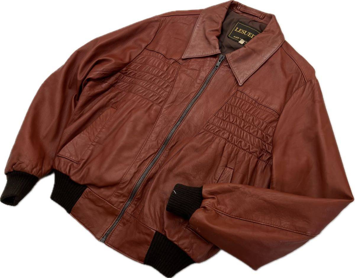 LESUEDE ☆ イングランド製 本革 レザージャケット ブラウン リアルレザー ブルゾン 42 ムード 大人カジュアル ストリート 古着■BJ208拍卖