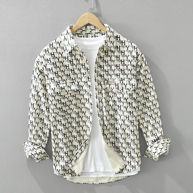 長袖シャツ 新品*メンズ シャツジャケット カジュアルシャツ 総柄 トップス 春秋服 色*サイズ選択可【M6971】白系【M-3XL選択】拍卖