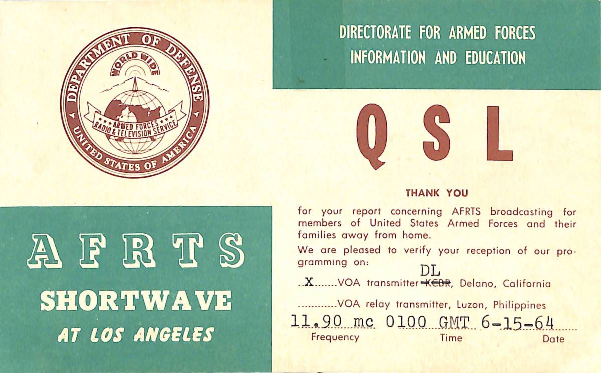 BCL★入手困難★希少ベリカード★AFRTS★米軍放送★アメリカ★カリフォルニア州・デラノ★1964年拍卖