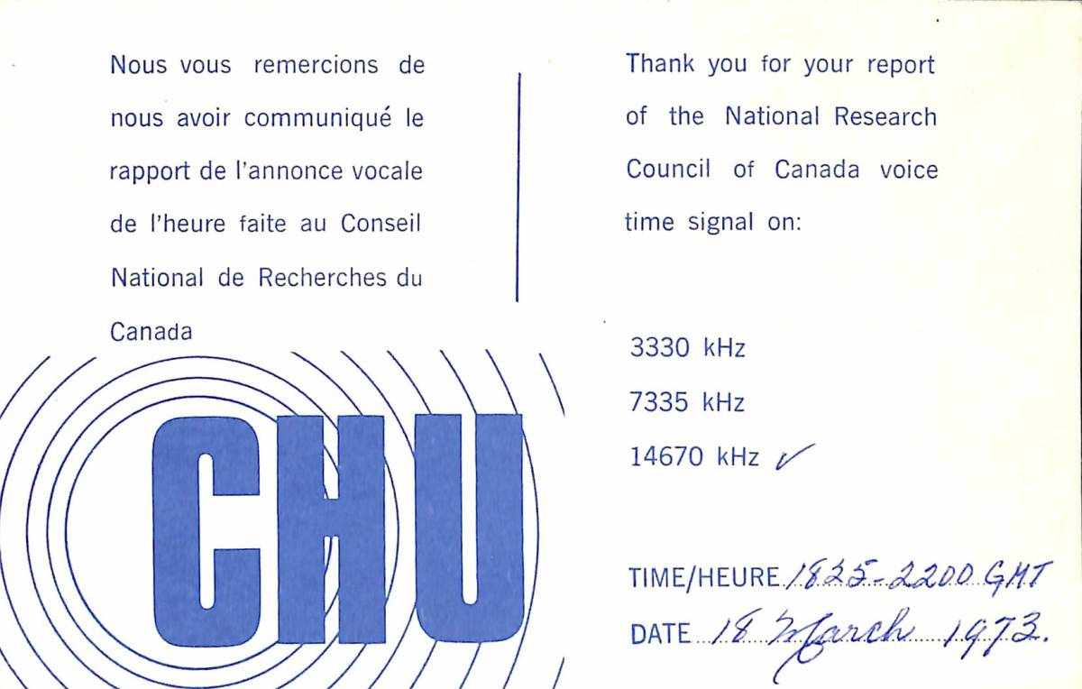 BCL★入手困難★希少ベリカード★CHU★カナダ標準周波数報時局★オタワ★1973年拍卖