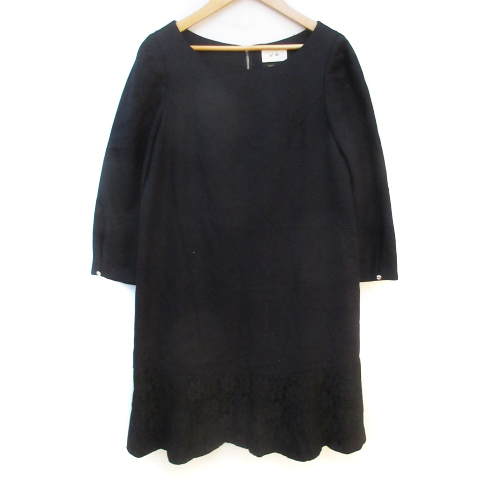 エフデ ef-de フレアワンピース ひざ丈 七分袖 ラウンドネック ウール 切替 レース 9 黒 ブラック /FF8 レディース拍卖