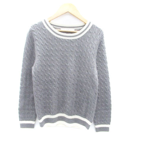 エフデ ef-de ニット セーター ラウンドネック 長袖 ケーブル編み ウール 9 グレー オフホワイト /HO37 レディース拍卖