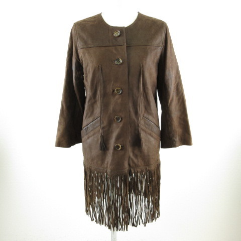 ティヤマイ t.yamai paris レザージャケット 七分袖 フリンジ シープスキン 茶 1 *T214 レディース拍卖