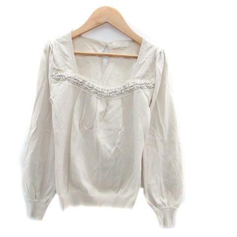 エフデ ef-de ニット カットソー スクエアネック 七分袖 スパンコール フェイクパール ラメ 9 ベージュ /HO6 レディース拍卖