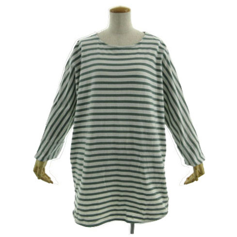 ピュアルセシン pual ce cin カットソー チュニック丈 長袖 裾スリット コットン ボーダー グリーン 緑 オフ白 レディース拍卖