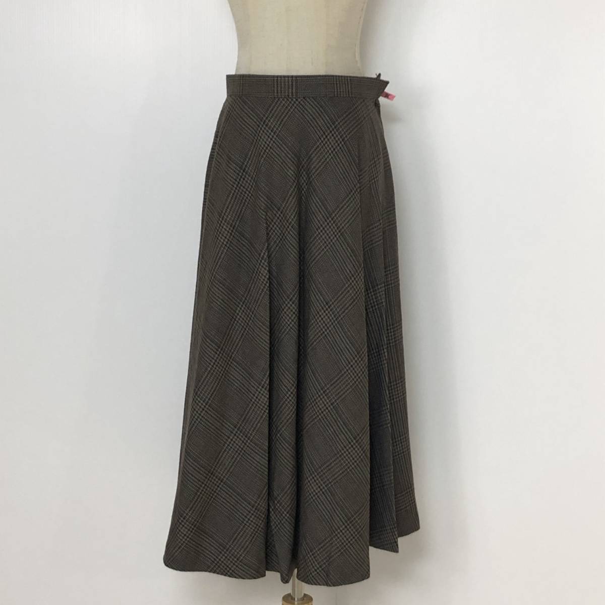 Y0600 レディース ボトムス プリーツスカート ロング丈 ブラウン 茶 チェック柄 毛100% ウールマーク レトロ 大人可愛い シック 上品 秋拍卖