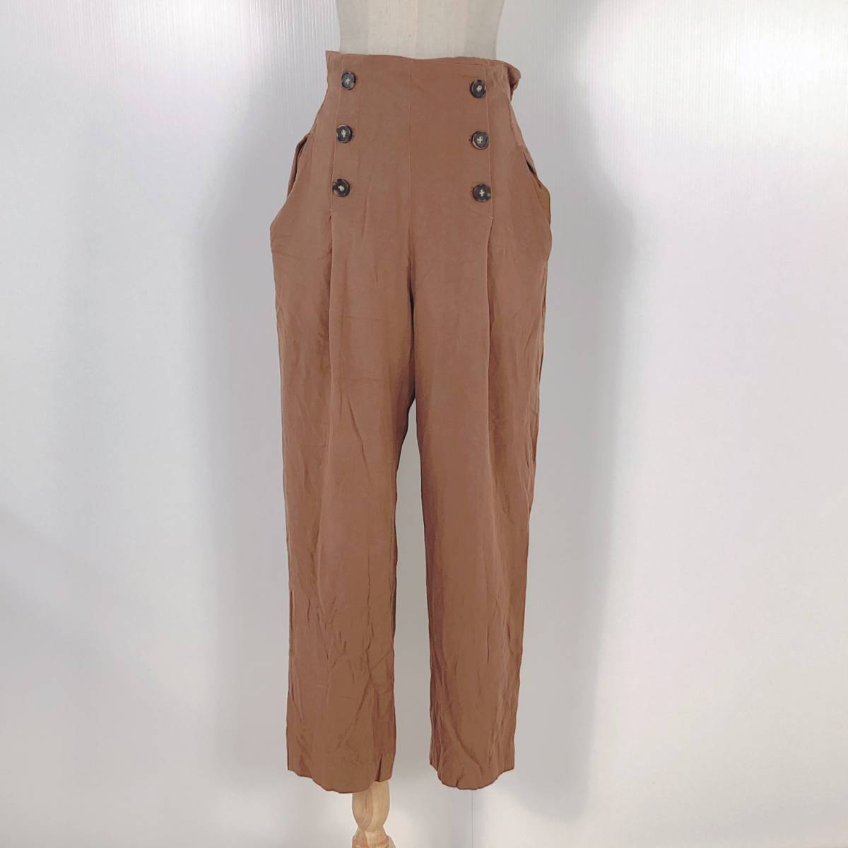 Y0807 GLOBAL WORK グローバルワーク レディース ボトムス カジュアルパンツ 七分丈 ハイウエスト 飾りボタン Mサイズ ブラウン 茶 春秋 拍卖
