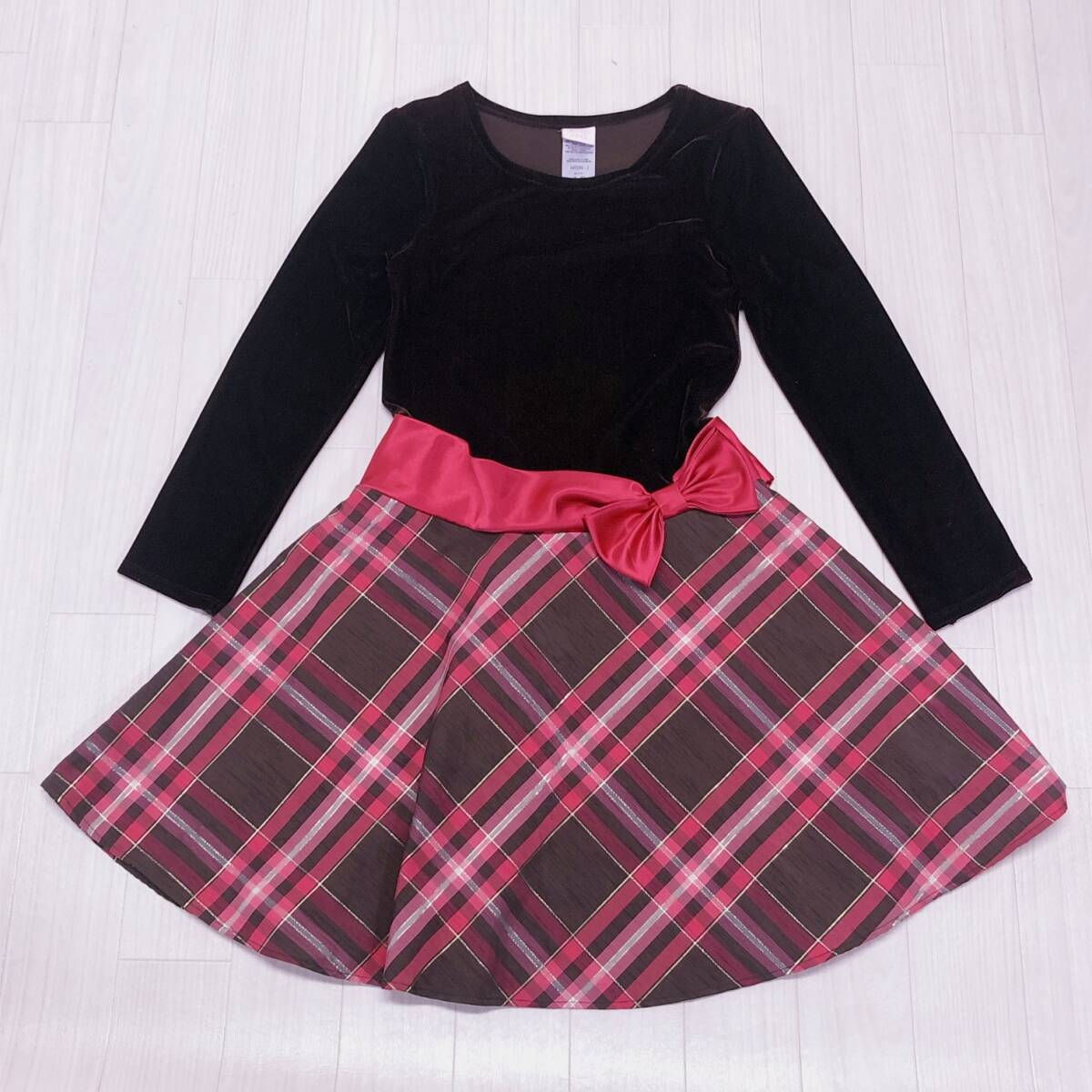 Y0873 Jessica Ann キッズ ワンピース ひざ丈ワンピース長袖薄手 伸縮性 ベルト リボン 12 チェック柄 フェミニン かわいい おしゃれ 春秋 拍卖