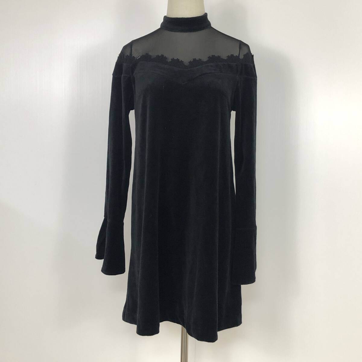 Y0867 EAT ME レディース ワンピース ひざ丈ワンピース長袖 厚手 ベロア シースルー ブラック 黒 綿素材含 かわいい フェミニン シック 春 拍卖