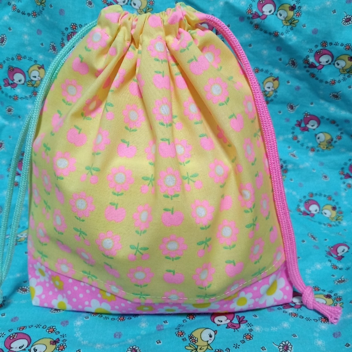 PB メルヘン ピンクスお弁当袋 給食袋 巾着袋 きんちゃく袋 pinks ハンドメイド コップ袋 コップ入れ お花柄 昭和レトロ拍卖