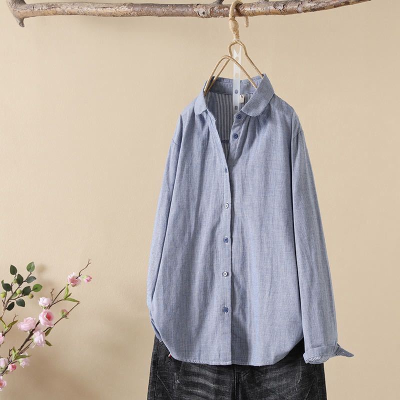 レディーストップス 長袖シャツ綿コットンダブルガーゼ肌触りいい 通気性いい ゆったり長袖ブラウス チェック柄 ブルー拍卖