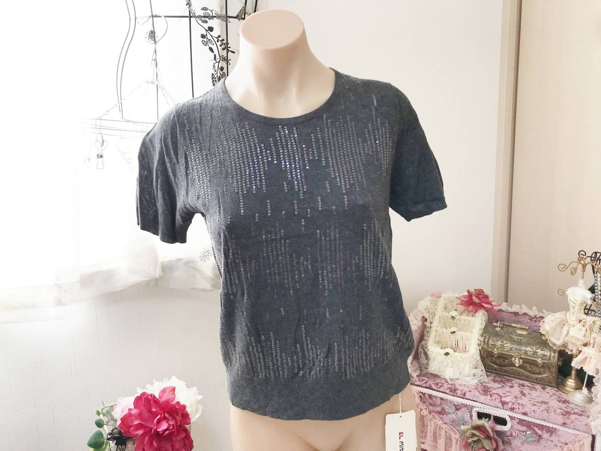 レディス9/Mサイズ:エルミダ【EL MIDAS】スパンコール飾り・絹シルク+キャメルニット/やわらか・薄手セーター:チャコールグレー拍卖