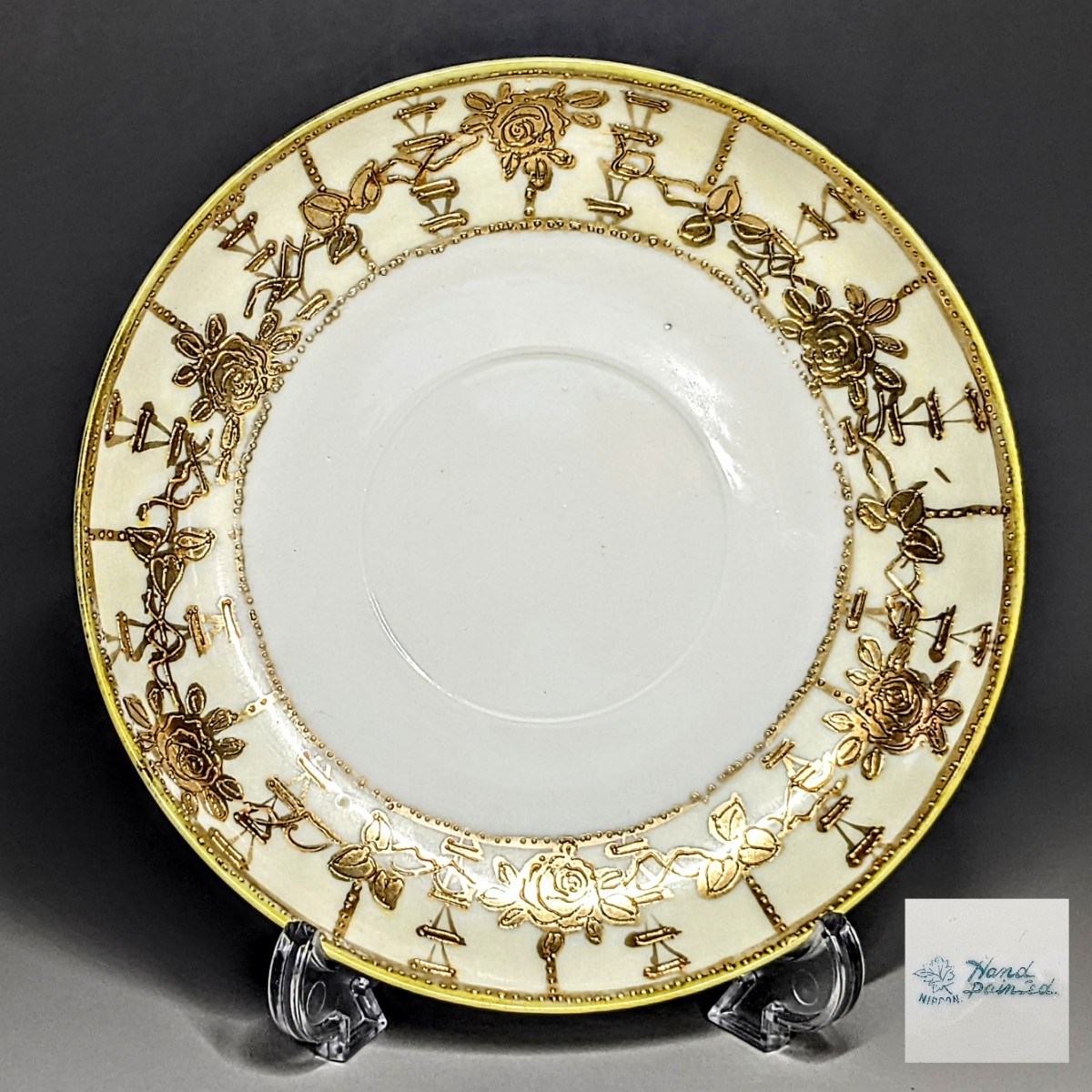 オールドノリタケ帰国 メイプルリーフ印 ソーサー 金盛上 ゴールド薔薇装飾 飾り皿 プレート拍卖