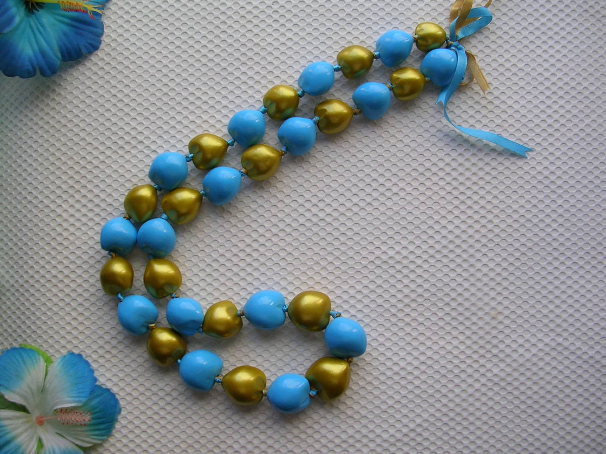 ●ハワイ最新!★限定1本★鮮やかな単色の2色ククイナッツレイ★ハワイアンブルー&プラチナゴールド拍卖