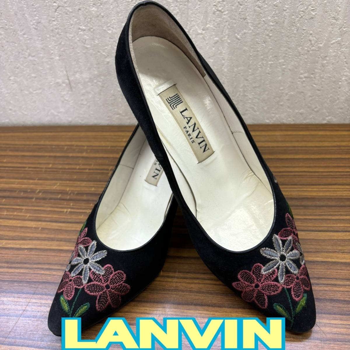 靴 ◆ LANVIN ◆ パンプス 5サイズ 約22㎝ BLACK 先端部分 花 刺繍入り ◆ ランバン ◆ レディース シューズ拍卖
