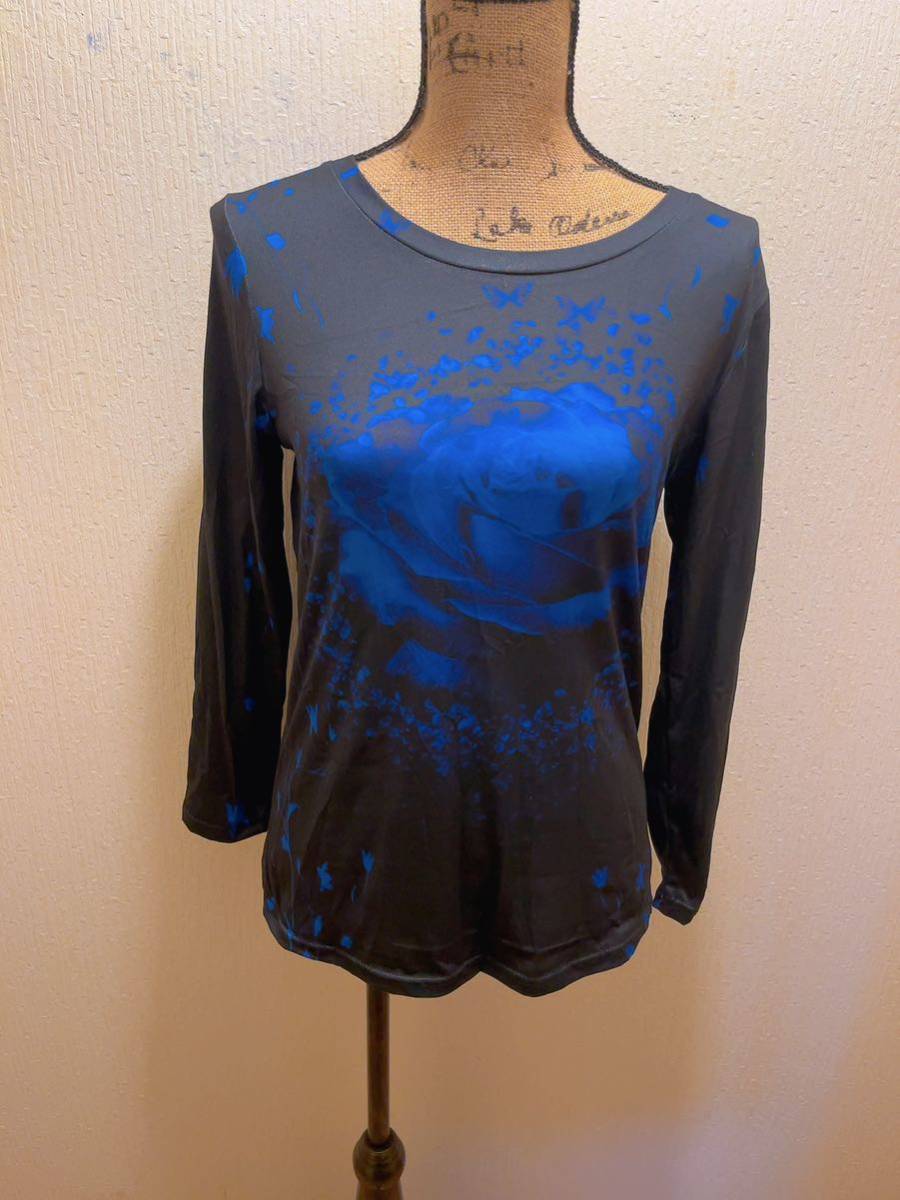 新品★ブラック★ブルー薔薇柄★Tシャツ★社交ダンス衣装★L社交ダンス 長袖 トップス 拍卖