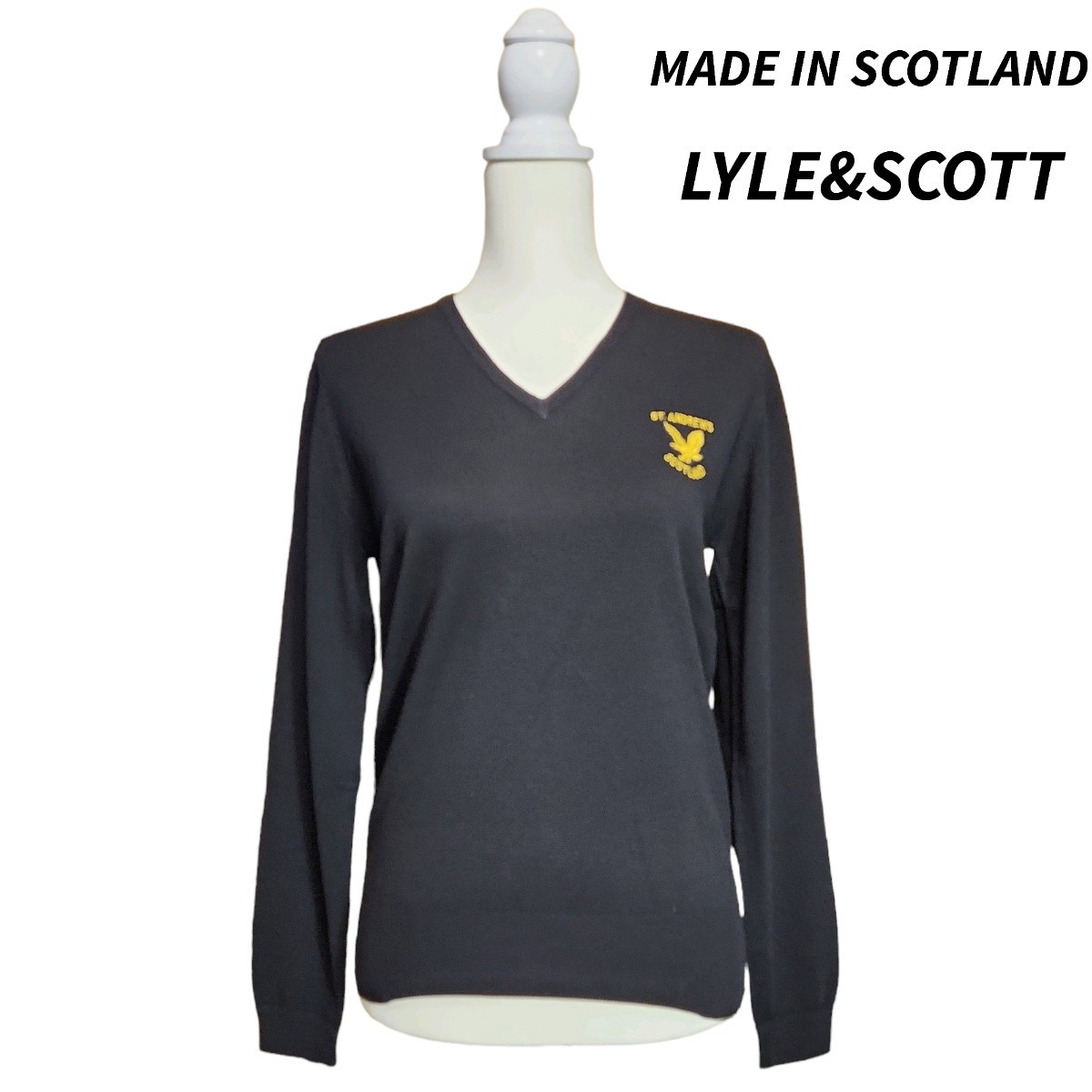 スコットランド製 LYLE&SCOTT ウール100% Vネック やや薄手ニット 黒 レディース 表記サイズ38 M 82928拍卖