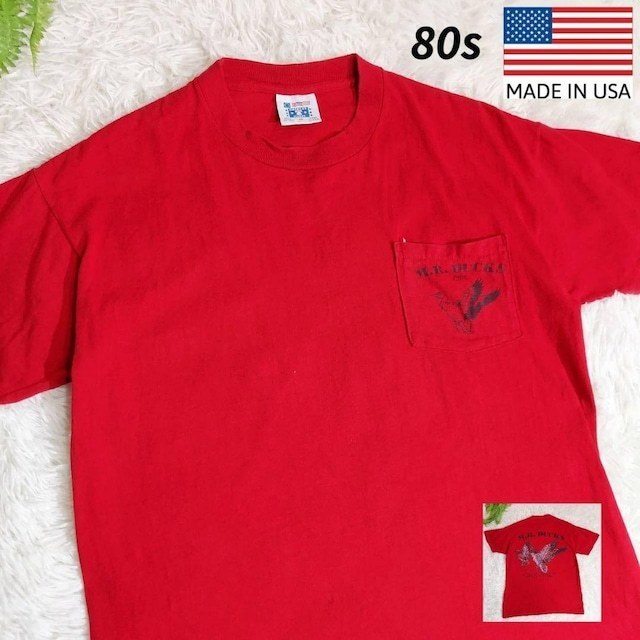 80s USA製 胸ポケット&鳥バックプリント Tシャツ 赤 表記サイズM 動物アニマル イラスト 80年代 シングルステッチ 80年代 67716拍卖