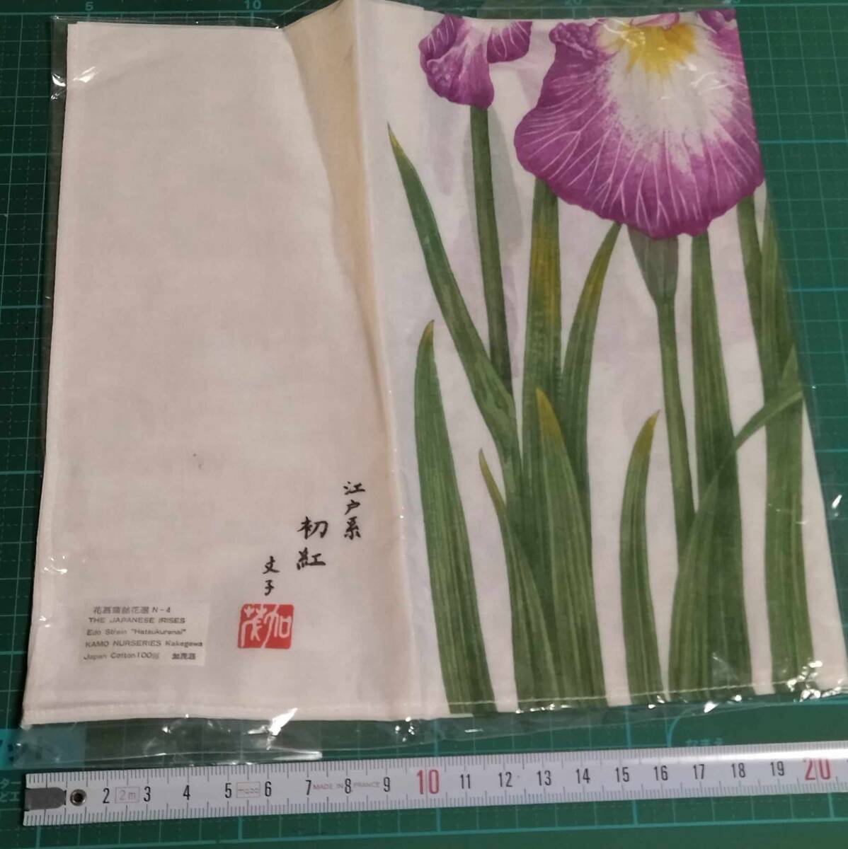 花菖蒲銘花選 N-4 加茂文子 江戸系 初紅 加茂荘花鳥園 ハンカチ JAPANESE IRISES Edo Strain Hatsukurenai Kamo handkerchief拍卖