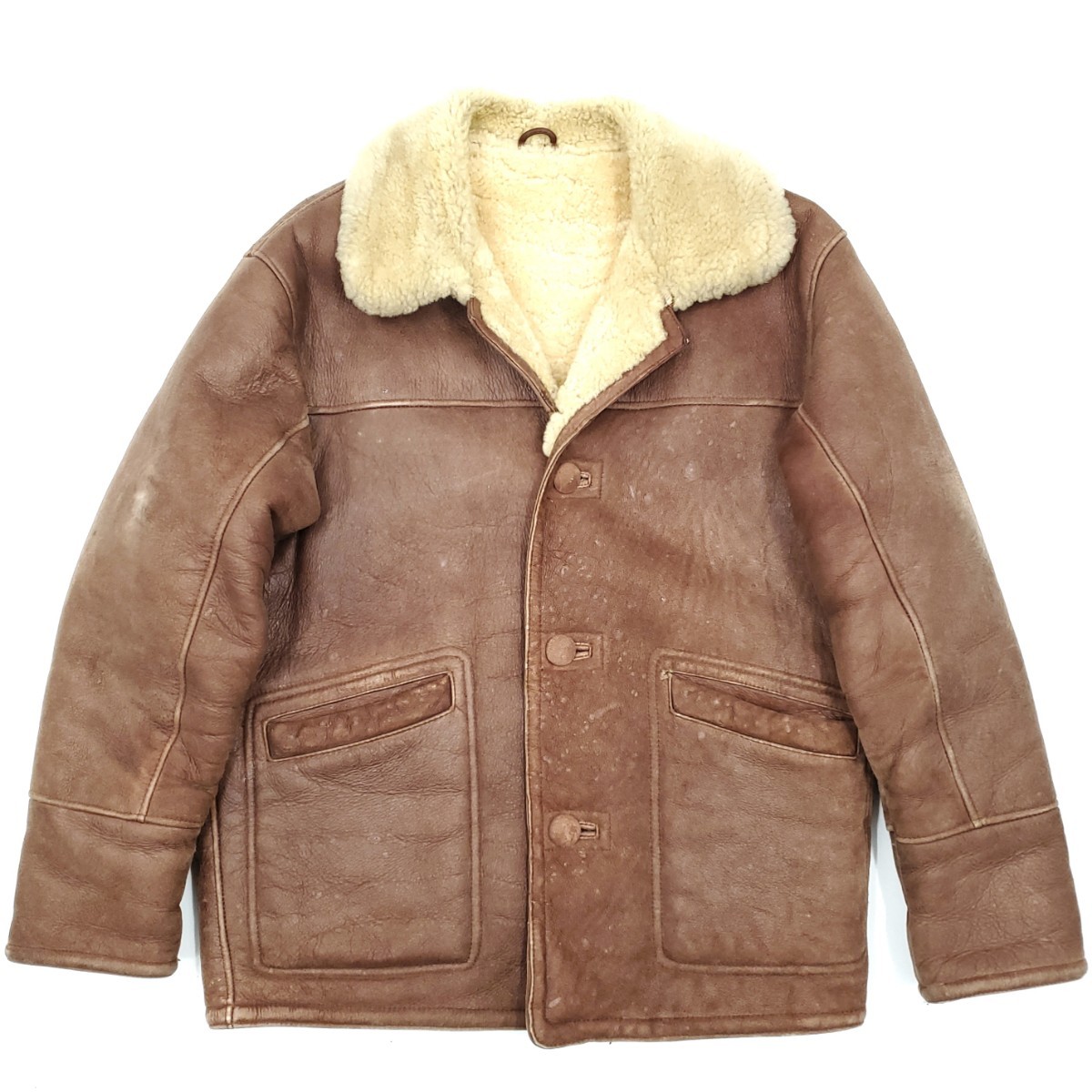 肉厚リアルムートン◆NB◆メンズL位ムートンコート茶ブラウン本革シープスキン羊革本皮ボアジャケット毛皮アウターレディースB3フライト758拍卖