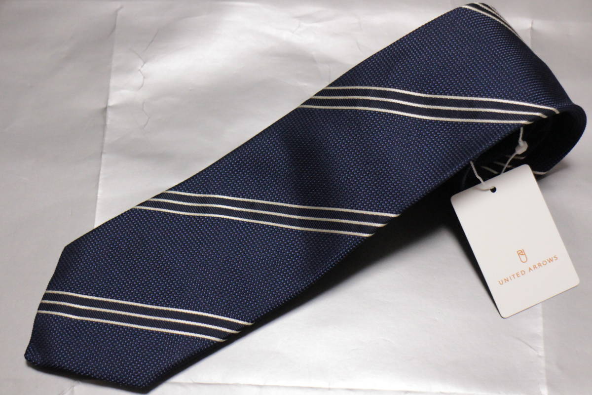 ユナイテッドアローズ新品ネクタイ美麗ブルー*ネイビー*シルバー囲みレジメンタルピンヘッド織切返しフルハンドメイド超人気柄拍卖