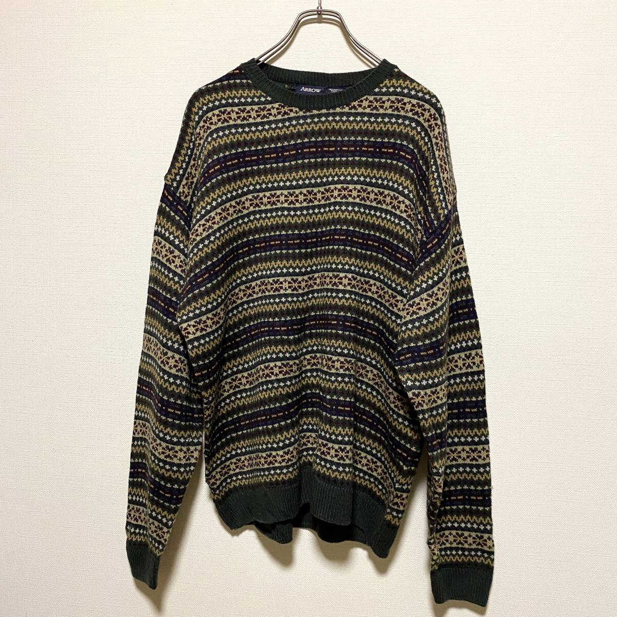 アメリカ古着 ARROW ニット セーター 長袖 クルーネック ヴィンテージ 90s 総柄 アクリル Lサイズ 【P773】拍卖