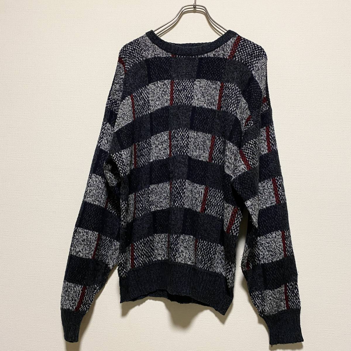 アメリカ古着 90s ヴィンテージ アクリル ニット セーター 長袖 クルーネック チェック柄 Lサイズ 【P774】拍卖