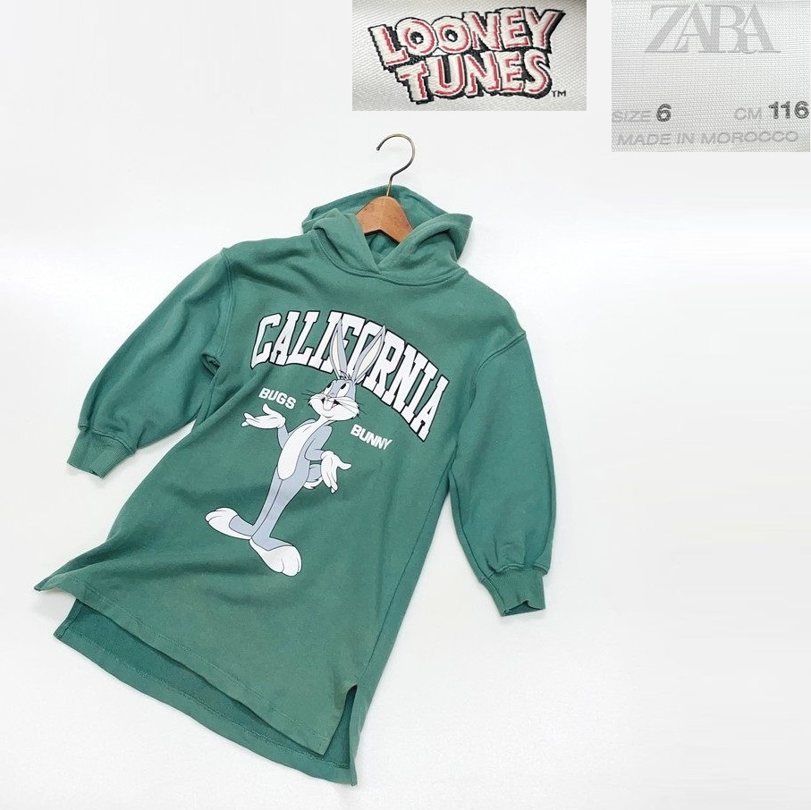 【116cm】ZARA グリーン スウェットシャツワンピース ルーニーテューンズ バッグスバニー キッズ 女の子 男の子 カジュアル大人可愛い ザラ拍卖