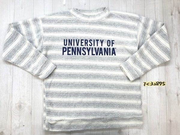 WOOLLY THREADS ウーリースレッド メンズ USA製 英字プリント ボーダー パイル ハイネックトレーナー M アイボリー紺拍卖