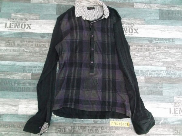 MEN'S BIGI メンズビギ ハーフボタン チェック柄 長袖ポロシャツ 03 黒紫拍卖