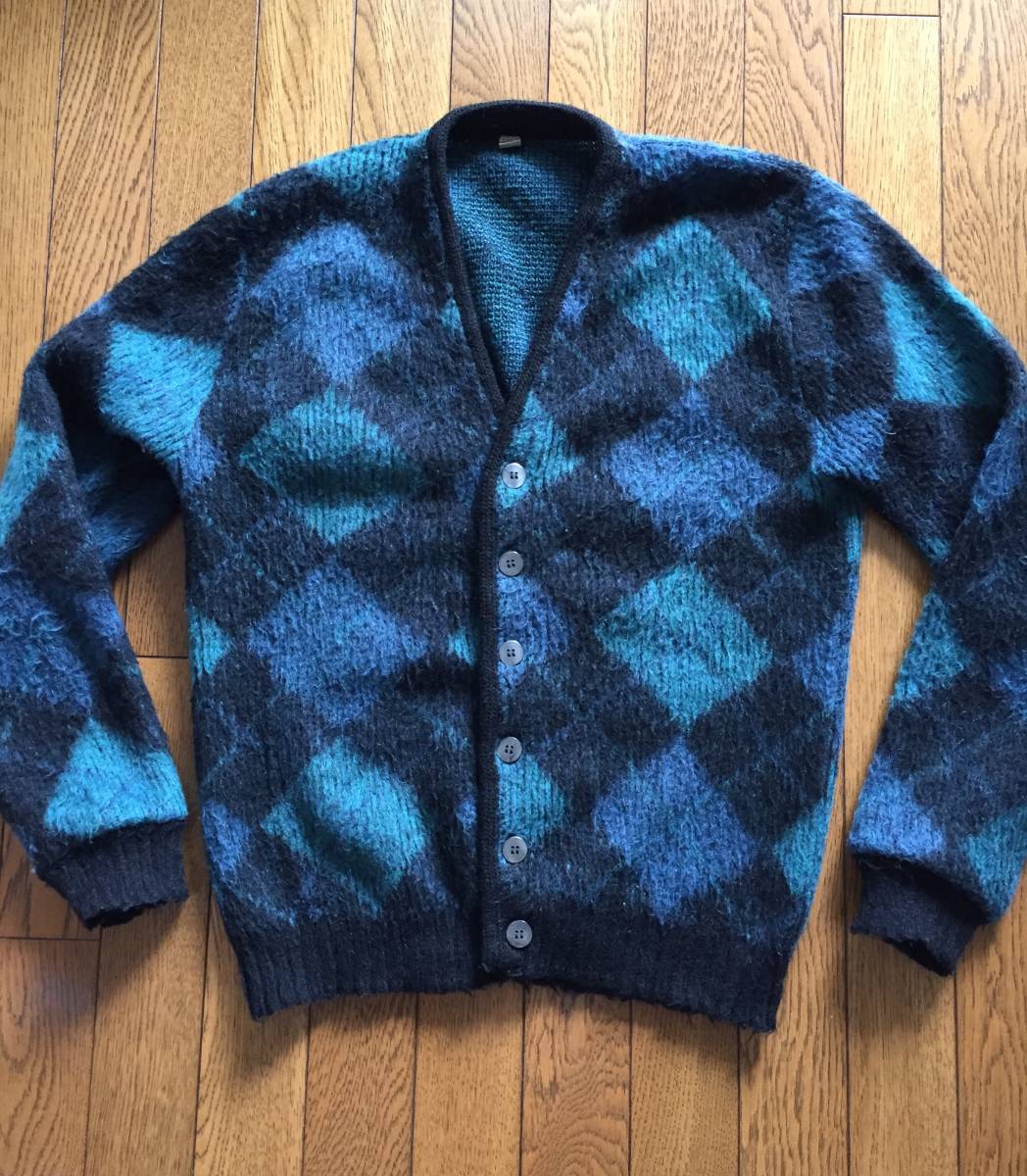 【貴重 好配色 青緑系×黒】 '60s 1960年代 ビンテージ アンティーク 古着 モヘア ニット カーディガン アーガイル柄 ウール アーカイブ拍卖
