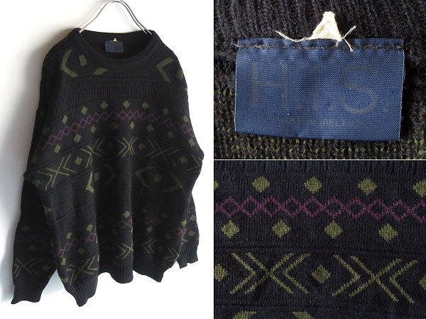 希少 ビンテージ EURO/ユーロ古着 アイルランド製 H.I.S 幾何学柄 総柄 アクリル 3D ニット セーター L相当 黒 ブラック MADE IN IRELAND拍卖