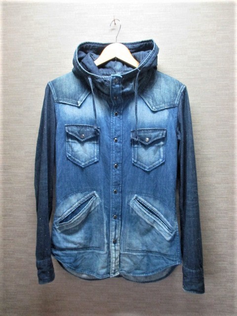 ☆AMERICAN RAG CIE アメリカンラグシー FADELESS ヴィンテージ加工 フード付き デニムシャツ/メンズ/36☆完売希少モデル 拍卖