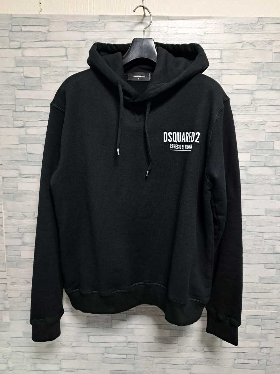 ☆DSQUARED2 ディースクエアード ロゴ プリント スウェット パーカー 裏起毛 プルオーバー/メンズ/L☆ブラック★現行モデル拍卖