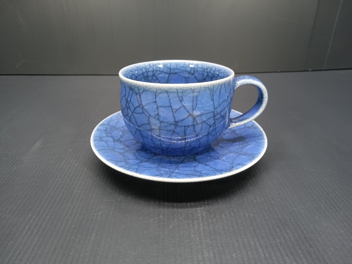 紺碧瓷コーヒー碗皿 圓田拓男作 美術年鑑掲載作家 コーヒー碗 皿 カップ ソーサー 陶芸作家 有田焼 手作り やきもの 焼物 陶器拍卖